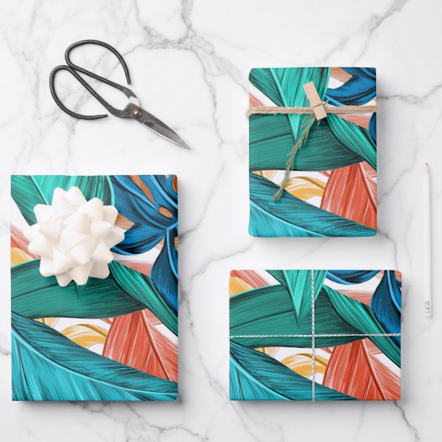 Farbenfrohe tropische Blätter, exotisches Design, Geschenkpapier Set (Vorderseite)