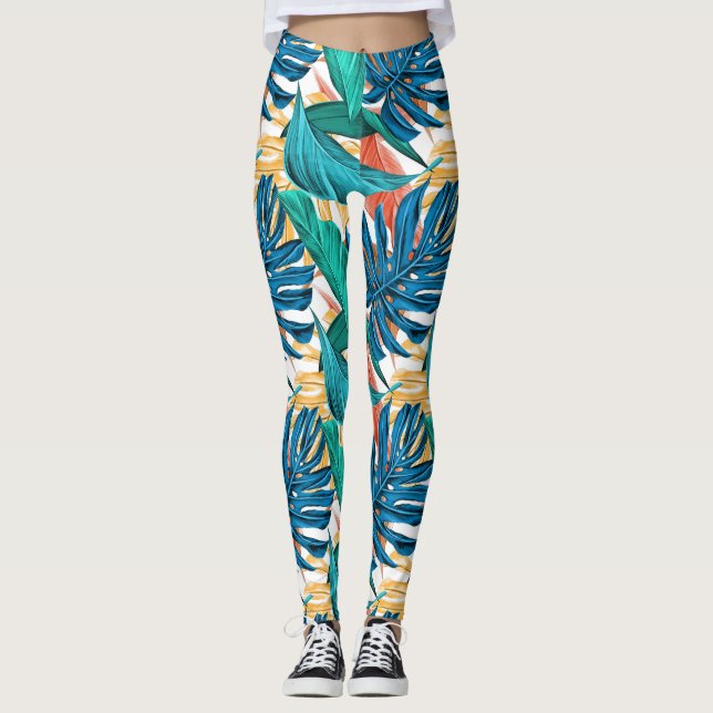 Farbenfrohe tropische Blätter, exotisches Design, Leggings (Vorderseite)