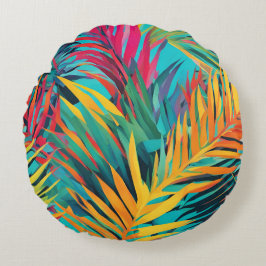 Farbenfrohe tropische Blätter Palm Fronds Aqua Rundes Kissen