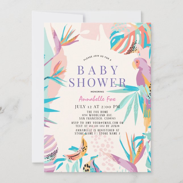 Farbenfrohe tropische Blätter Parrot Babydusche Einladung (Vorderseite)