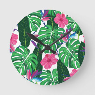 Farbenfrohe tropische Blätter und Blume Dschungel Runde Wanduhr