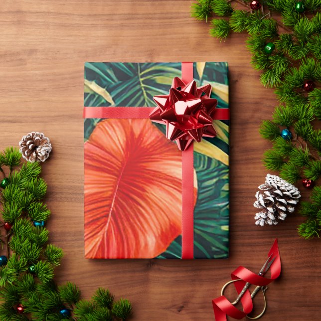 Farbenfrohe tropische Blätter und Hibiskus-Blume | Geschenkpapier (Feiertagsgeschenk)