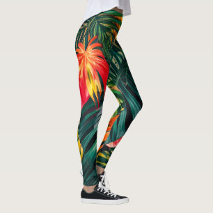 Farbenfrohe tropische Blätter und Hibiskus-Blume   Leggings