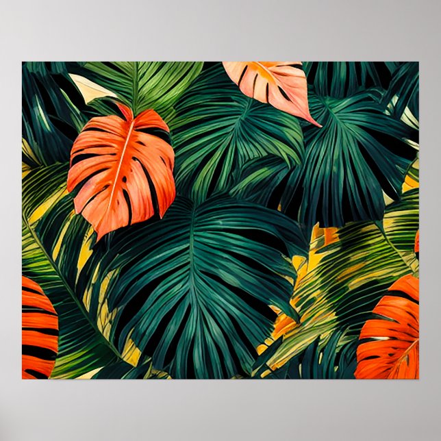Farbenfrohe tropische Blätter und Hibiskus-Blume | Poster (Vorne)