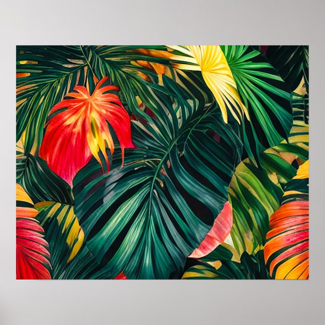 Farbenfrohe tropische Blätter und Hibiskus-Blume | Poster (Vorne)