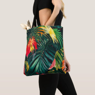 Farbenfrohe tropische Blätter und Hibiskus-Blume   Tasche