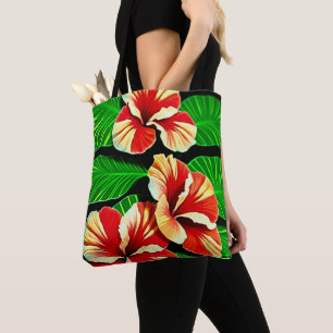 Farbenfrohe tropische Blätter und Hibiskus-Blume   Tasche
