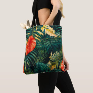 Farbenfrohe tropische Blätter und Hibiskus-Blume Tasche