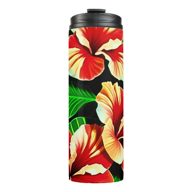 Farbenfrohe tropische Blätter und Hibiskus-Blume | Thermosbecher (Vorderseite)