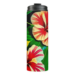 Farbenfrohe tropische Blätter und Hibiskus-Blume   Thermosbecher
