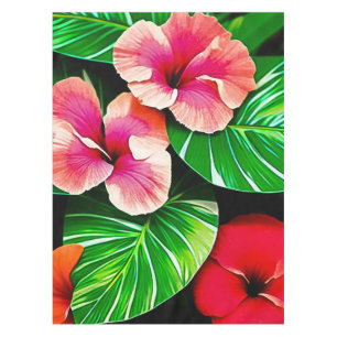 Farbenfrohe tropische Blätter und Hibiskus-Blume   Tischdecke
