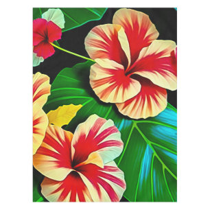 Farbenfrohe tropische Blätter und Hibiskus-Blume   Tischdecke