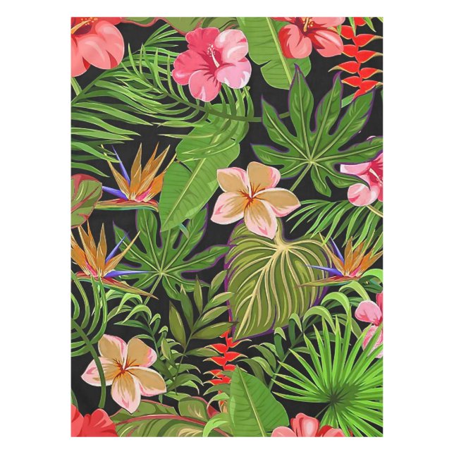 Farbenfrohe tropische Blätter und Hibiskus-Blume | Tischdecke (Vorderseite)