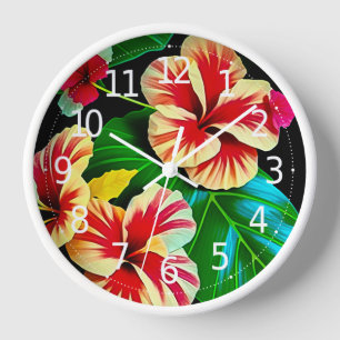 Farbenfrohe tropische Blätter und Hibiskus-Blume   Uhr