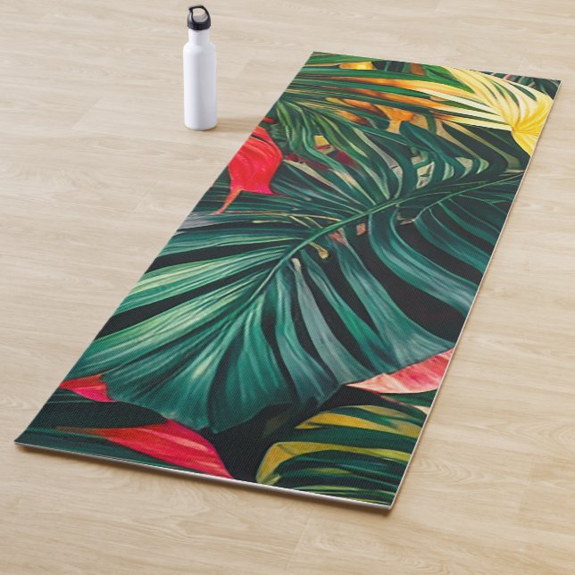 Farbenfrohe tropische Blätter und Hibiskus-Blume | Yogamatte (Beispiel)