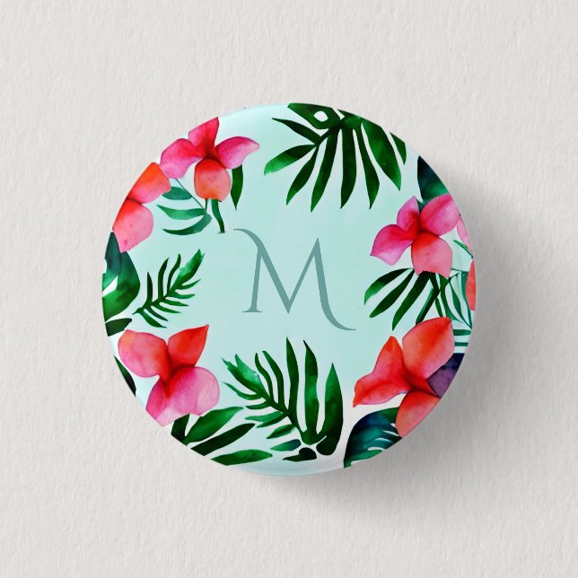 Farbenfrohe tropische Blätter Wasserfarbe Custom Button (Vorderseite)