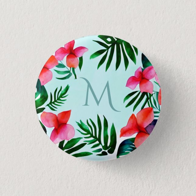 Farbenfrohe tropische Blätter Wasserfarbe Custom Button (Vorderseite)