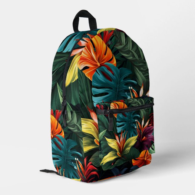farbenfrohe tropische Blattmuster Bedruckter Rucksack (Rückseitige Ecke links)
