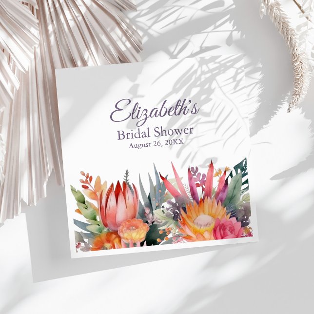 Farbenfrohe tropische Blume Brautparty Serviette (Colorful Tropical Flowers Bridal Shower Napkins on a sunny white table with dry palm leaf.)