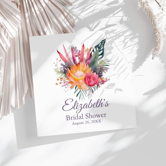 Farbenfrohe tropische Blume Brautparty Serviette (Colorful Tropical Flowers Bridal Shower Napkins on a sunny white dry palm leaf.)