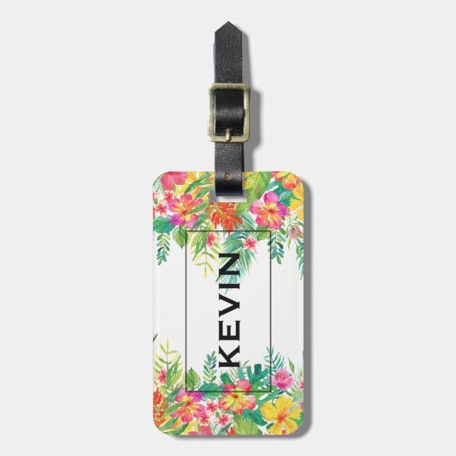 Farbenfrohe tropische Blume Grenze Gepäckanhänger (Vorderseite vertikal)