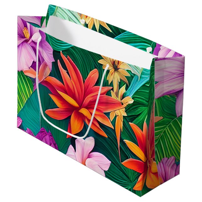 Farbenfrohe tropische Blume Muster Große Geschenktüte (Vorderseite Schrägansicht)