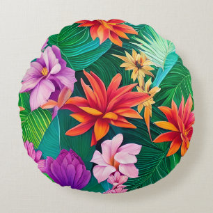 Farbenfrohe tropische Blume Muster Rundes Kissen