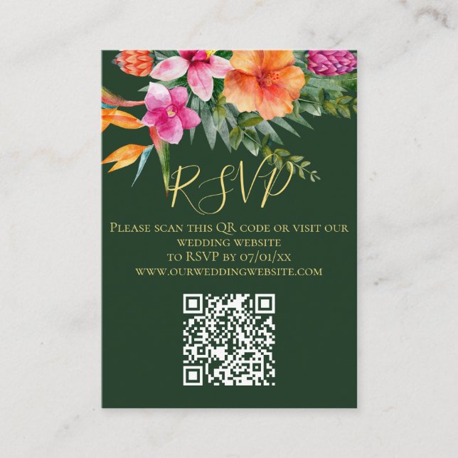 Farbenfrohe tropische Blume QR Code Hochzeit RSVP Begleitkarte (Vorderseite)