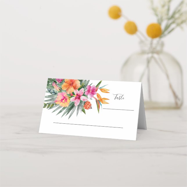 Farbenfrohe tropische Blume Rosa & Orange Hochzeit Platzkarte (Vorderseite)