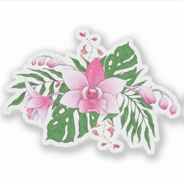 Farbenfrohe tropische Blume und Blätter Aufkleber (Vorderseite)