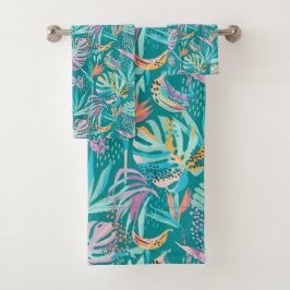 Farbenfrohe tropische Blume und Blätter Badhandtuch Set