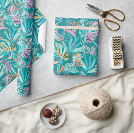 Farbenfrohe tropische Blume und Blätter Geschenkpapier
