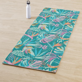 Farbenfrohe tropische Blume und Blätter Yogamatte