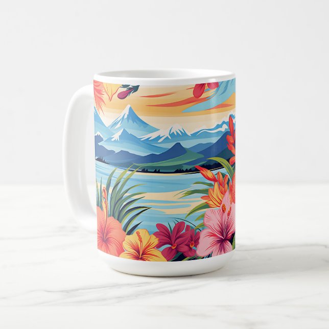 Farbenfrohe tropische Blume und Landschaften Kaffeetasse (Vorderseite Links)