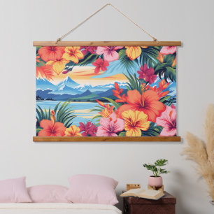 Farbenfrohe tropische Blume und Landschaften Wandteppich Mit Holzrahmen