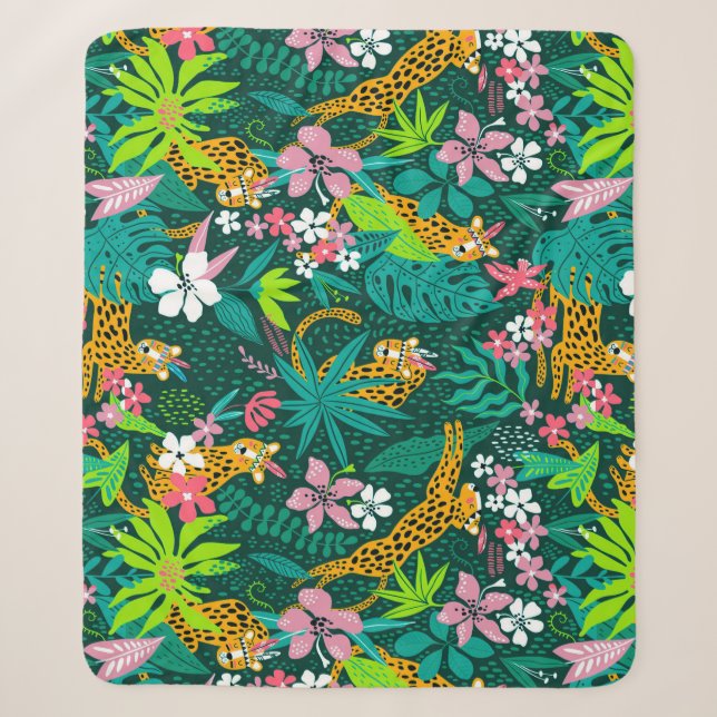 Farbenfrohe tropische Blume und Tiermuster Sherpadecke (Vorderseite)