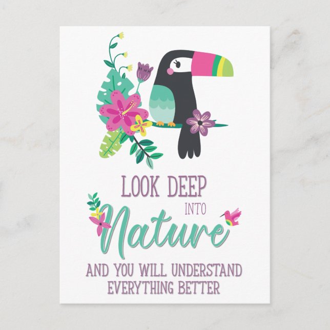 farbenfrohe tropische Blume und Toucan inspirieren Postkarte (Vorderseite)