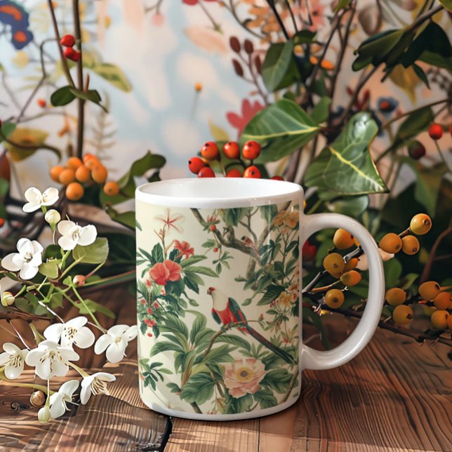 Farbenfrohe tropische Blume Vögel Kaffeetasse (Von Creator hochgeladen)