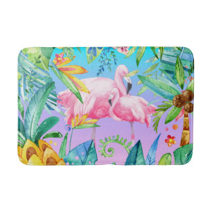 Farbenfrohe tropische Dschungel mit rosa Flamingos Badematte