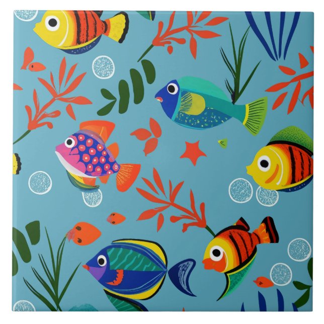 Farbenfrohe tropische Fische unter Wasser Muster Fliese (Vorderseite)