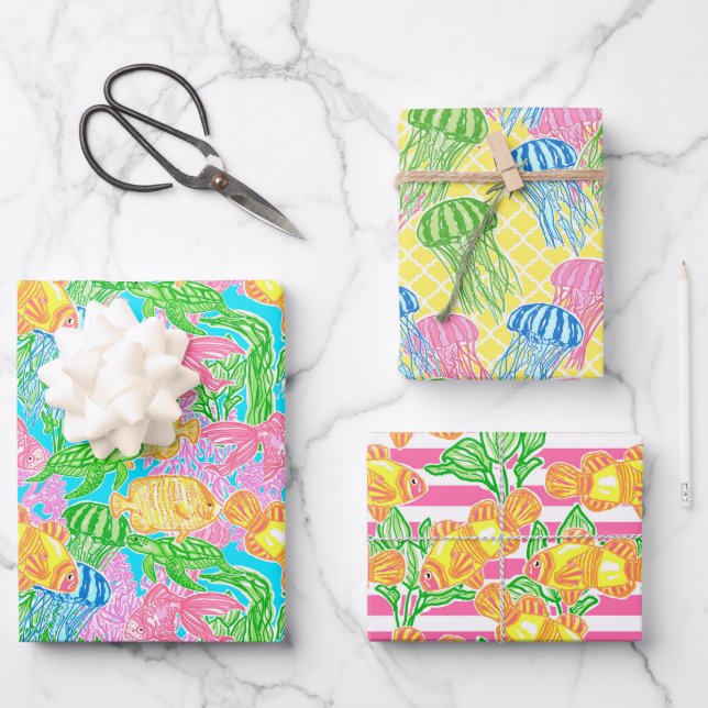 Farbenfrohe tropische Fischmuster Geschenkpapier Set (Vorderseite)