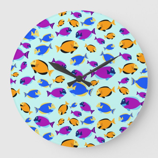Farbenfrohe tropische Fischmuster im Blauen Meer Große Wanduhr (Vorderseite)