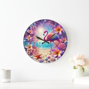 Farbenfrohe tropische Flamingo Sunset Beach Große Wanduhr