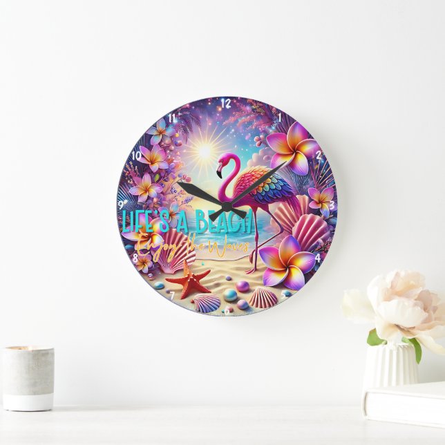 Farbenfrohe tropische Flamingo Sunset Beach Große Wanduhr (Zuhause)