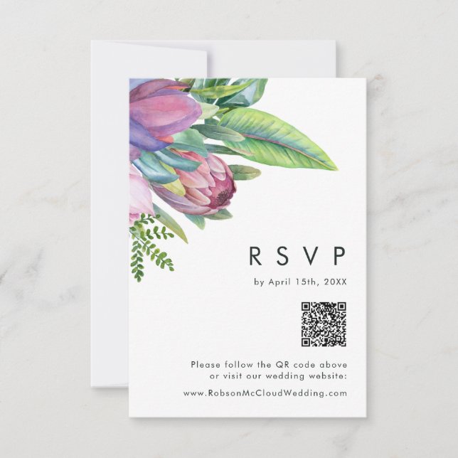 Farbenfrohe tropische Flora | Peach QR Code RSVP K Karte (Vorderseite)