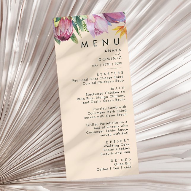Farbenfrohe tropische Flora | Peach Weddinner Menükarte (Von Creator hochgeladen)