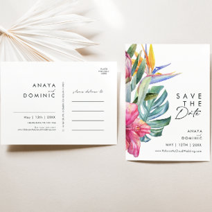 Farbenfrohe tropische Flora   Save the Date Postka Einladungspostkarte