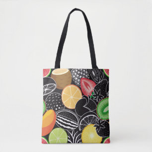 Farbenfrohe tropische Früchte, schwarzer Hintergru Tasche
