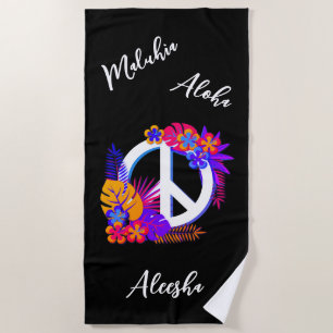 Farbenfrohe tropische hawaiianische Liebe Black Strandtuch
