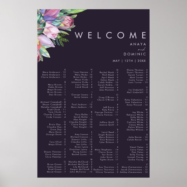 Farbenfrohe tropische Lila alphabetische Sitzgeleg Poster (Vorne)